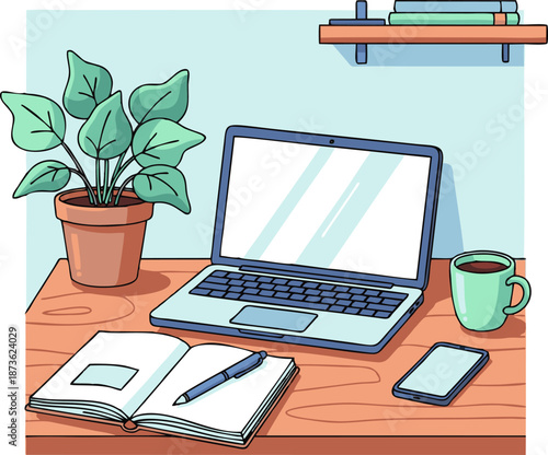 Laptop, notebook, and plant on a wooden desk.