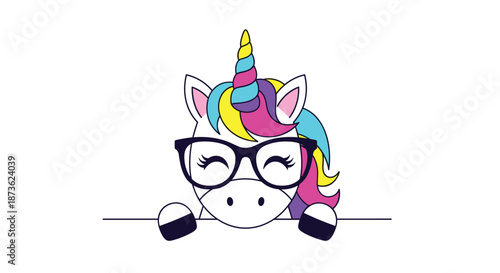 Adorable and nerdy peeking unicorn with a rainbow mane, wearing large black glasses while hiding behind a line on white.