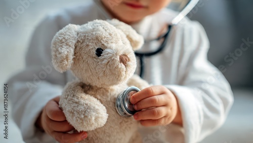 A young child dressed as a doctor cares for a teddy toy, showcasing imaginative play and nurturing behavior