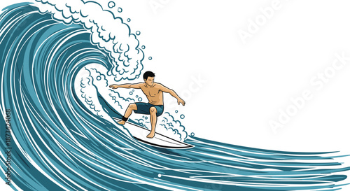 Athletic male surfer riding a massive blue ocean wave on a white surfboard demonstrating balance and skill during an exciting sports session.