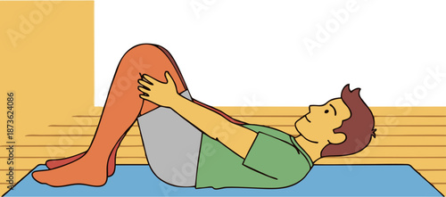 Man performing knee to chest stretch on a yoga mat.