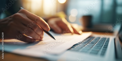 Digital document management workflow with hands using stylus on laptop for editing and reviewing various virtual documents and files in modern workspace