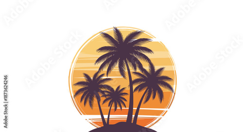Silhouette of three palm trees standing against a large warm orange and yellow sun at sunset creating a peaceful tropical atmosphere.