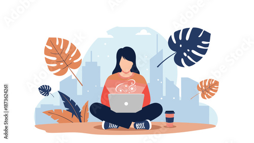 Young woman sitting cross legged with a laptop against a city skyline backdrop with large autumn leaves floating around her in the air.