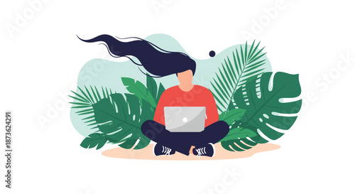 Woman with very long flowing hair sitting cross legged using her laptop while surrounded by lush green tropical leaves and a blue shape.