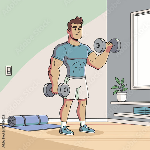 Muscular man exercising with dumbbells at home, focused on fitness.