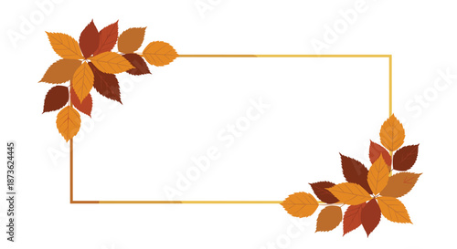 Simple gold rectangular frame decorated with clusters of orange, brown, and red autumn leaves in two corners for a seasonal fall design.