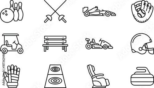 Set of twelve vector line icons depicting sports equipment including bowling fencing foils race car baseball glove golf cart go-kart football helmet and curling stone.