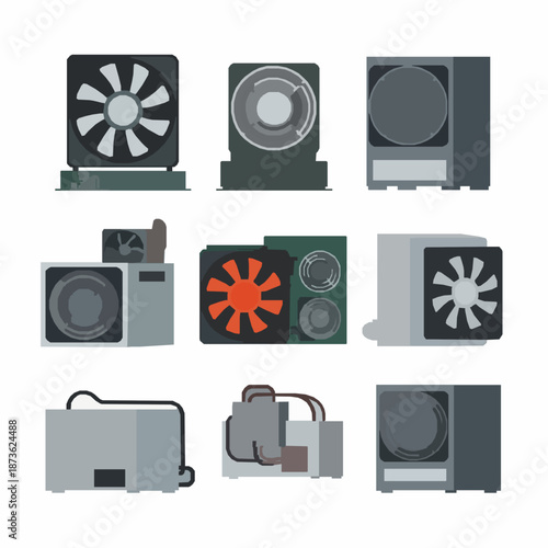 Cryptocurrency mining hardware vector illustration set with flat blockchain mining equipment isolated on white