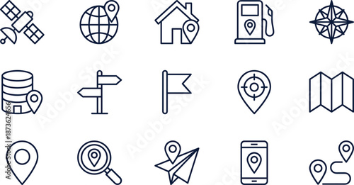 Black and White Vector Line Art Icon Set Featuring Navigation and Global Location Elements Including Satellite GPS Map Compass Pointer and Directional Signs