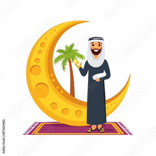 Muslim man celebrating Ramadan on crescent moon.