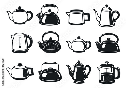 Monochrome kettle and teapot set featuring classic and modern designs for hot drinks