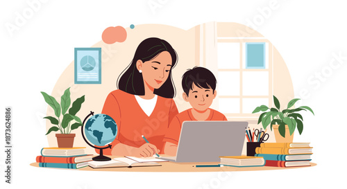 Mother helping her young son with schoolwork on a laptop while sitting at a desk filled with books and a globe in a home office.