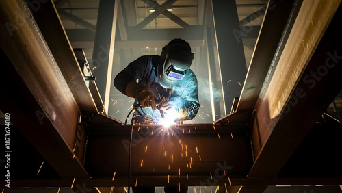 Welder at Work: Focused on his craft, a skilled welder expertly joins metal beams together within the framework of a modern industrial setting. Sparks fly as he meticulously crafts the metal.