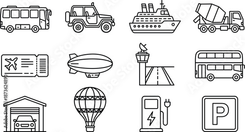 Black and White Vector Line Art Icon Set Featuring Various Transportation and Travel Elements Including Bus Ship Plane Ticket and Hot Air Balloon