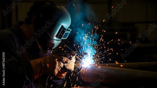 Spark of Industry: A skilled welder, shielded by a protective helmet, meticulously welds metal pipes in a workshop, sparks fly with precision and expertise.