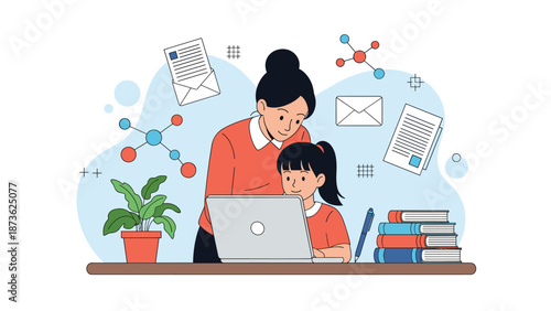 Young girl and her mother studying together on a laptop with educational icons of science and communication floating in the background.