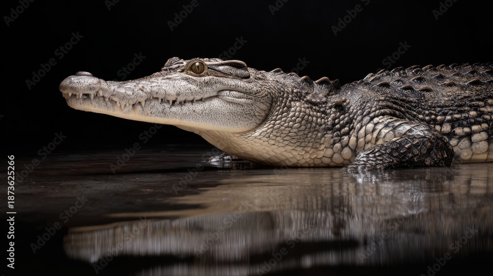 Fototapeta premium Crocodile Lying in Still Water with Dark Background and Reflection