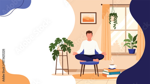 Young man practicing mindfulness and meditation while sitting on a blue chair in a sunlit living room with plants and books nearby.