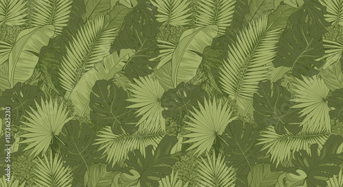 Seamless pattern featuring various shades of green tropical jungle leaves like monstera and palm fronds for a nature themed background.