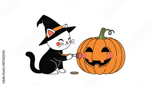 Adorable white cat wearing a witch hat painting rosy cheeks on a large orange jack o lantern for a cheerful halloween preparation.