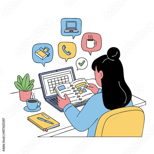 Woman organizing tasks and managing schedule with laptop and planner.