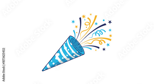 Blue and white striped party popper shooting out colorful confetti, streamers, and stars to celebrate a special joyful occasion.