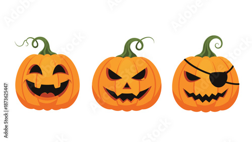 Three orange halloween jack o lanterns with different expressions including a happy smile, an angry scowl, and a funny pirate eye patch.