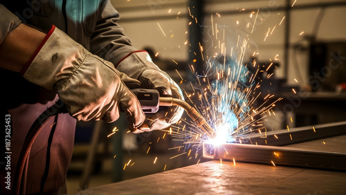 Spark of Creation: A skilled welder, shielded by protective gloves, meticulously joins metal with a brilliant arc of light, forging strength and precision. 