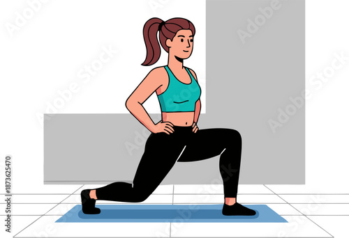 Woman performing a lunge exercise on a yoga mat.