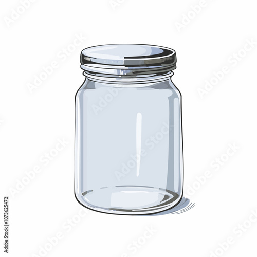 Illustration of a clear glass jar with a silver lid suitable for canning or storage