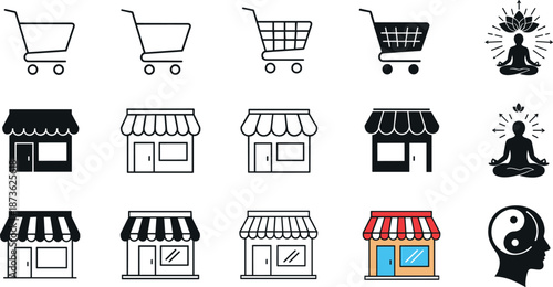 Collection of shopping cart icons storefront symbols and wellness meditation graphics with yin yang for e-commerce retail and mental health design projects