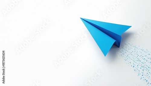 Free Download Blue paper airplane flies forward on white background, leaving trail of digital dots. Symbolizes progress, innovation, and speed in business or ideas. - GFXLoad