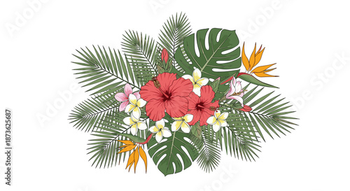 Beautiful bouquet of vibrant red hibiscus and yellow plumeria flowers surrounded by green tropical palm and monstera leaves.