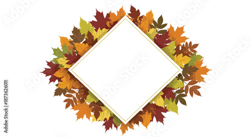 Elegant diamond shaped white frame surrounded by a lush wreath of colorful autumn maple and rowan leaves for seasonal designs.