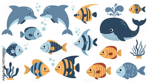 Vast collection of adorable sea creatures including dolphins, a large whale, and various colorful fish for an ocean themed design.