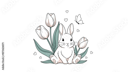 Adorable white rabbit sitting peacefully in a garden of white tulips with butterflies and floating hearts in a clean illustration.