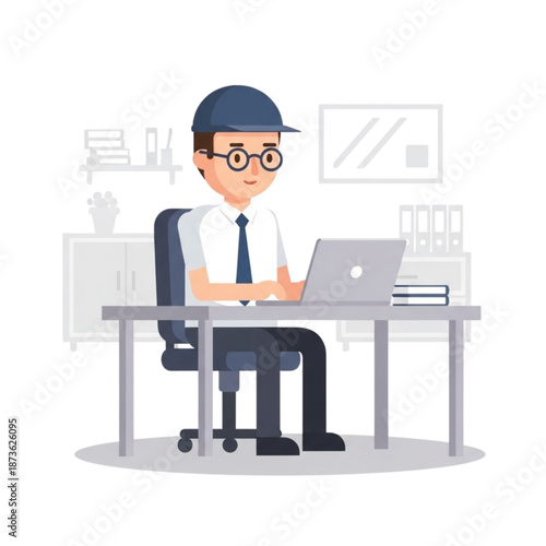 Professional man working on laptop at modern office desk with office supplies and chair in a well organized workspace environment daily routine