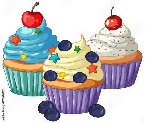 Three Colorful Cupcakes with Frosting Cherries and Blueberries Vector Illustr...