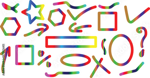 Multicolored symbols and shapes on white background