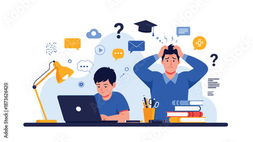 Young boy studies diligently on a laptop while a stressed father manages a heavy workload of emails and digital tasks.