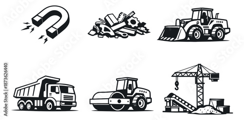 Stylized industrial icons set featuring heavy machinery, a magnet, and scrap metal for construction and recycling
