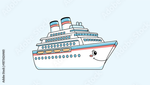 Friendly cartoon cruise ship with a cheerful smiley face sails across a calm blue background for a fun vacation theme.