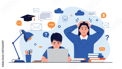 Overwhelmed mother feels the pressure of digital tasks while her young son focuses on online school using a laptop computer.