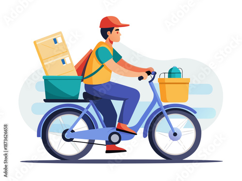 Vector illustration of man delivering package by electric bicycle, representing eco-friendly transportation