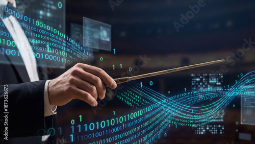 AI conductor agentic multi agent collaboration visual ai data stream binary code orchestra concept