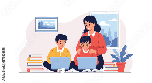Supportive mother helps her two young sons with their schoolwork as they sit on the floor and study using laptop computers.