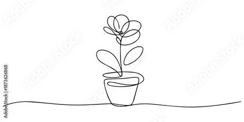 top flower continuous one line drawing, House flower plant in pot continuous one single line drawn concept pro. a beautiful gardening flower tob with orchid flowers,  Elegance home decorative elements