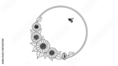 Elegant black and white circular frame composed of detailed sunflowers and leaves with a small bee flying inside the border.