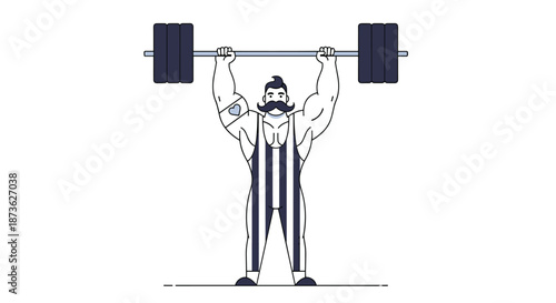 Classic circus strongman with a large mustache effortlessly lifts a heavy black barbell high above his head in a show of strength.